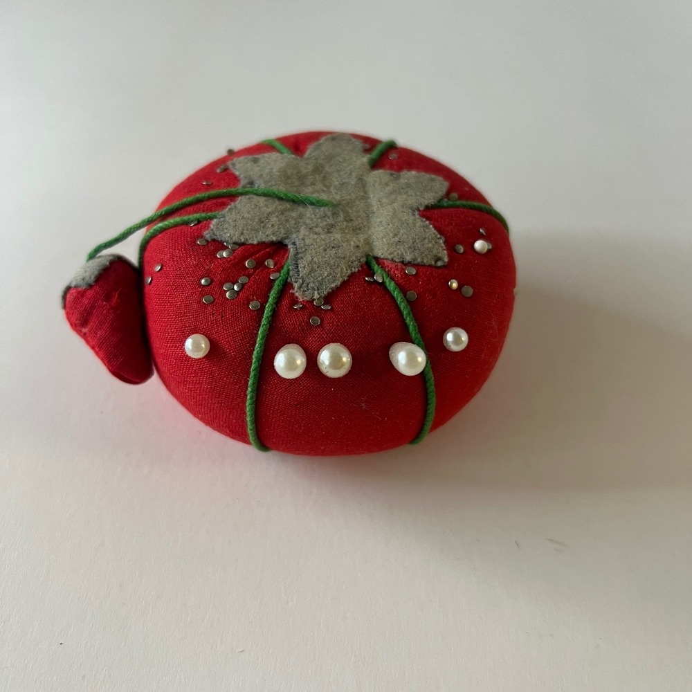 Vintage Red Tomato Pincushion Strawberry Emery Pearl Pins Collectible 3"